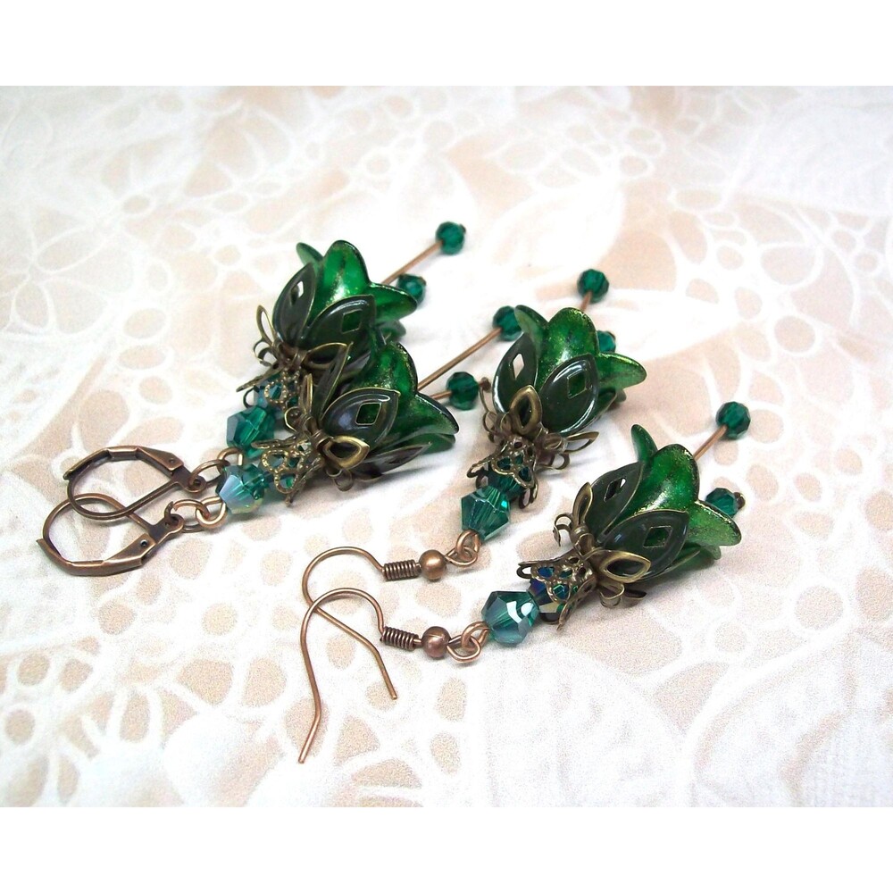 Art Nouveau Earrings Vintage Style, Green, Antique Bronze, Artisan Crafted Flowe